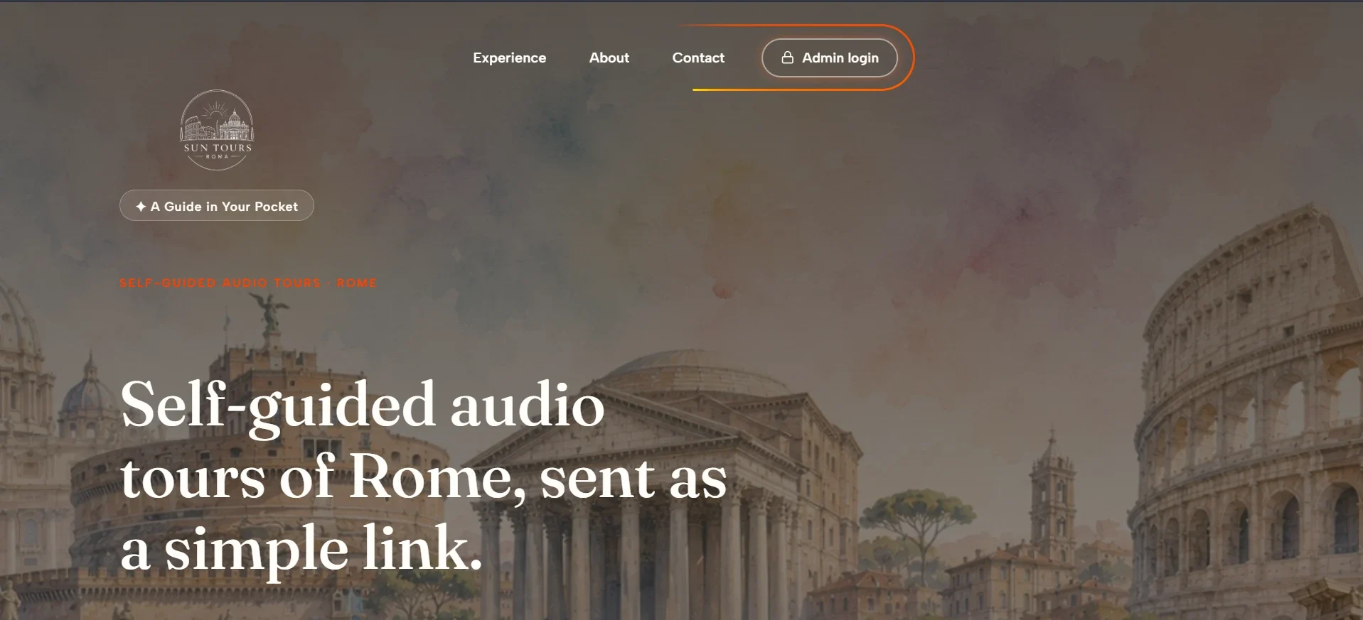 The Sun Tours Roma homepage: self-guided audio tours of Rome, sent as a simple link